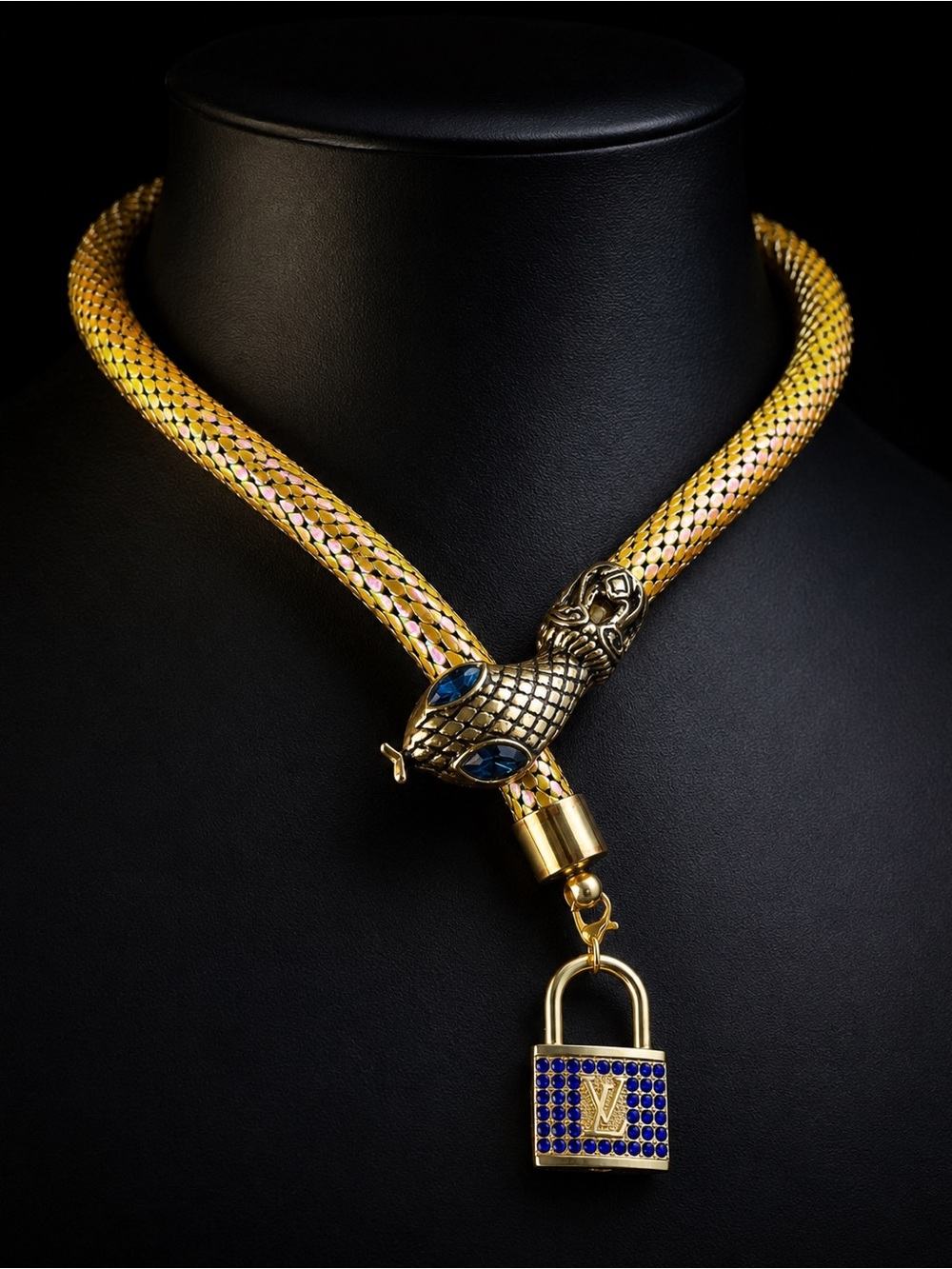 Vintage Iridescent Yellow Mesh Snake Necklace & Padlock Charm